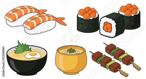 Enjoy Delicious Japanese Cuisine Shrimp Sushi Soup Skewers and Fish Egg Sushi Rolls