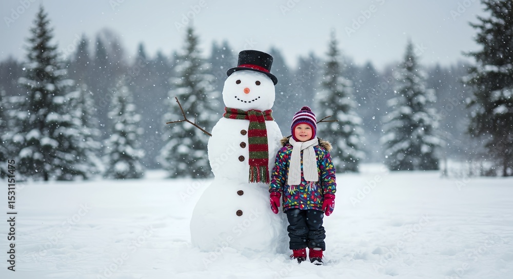 Fototapeta premium child and snowman in christmas winter 
