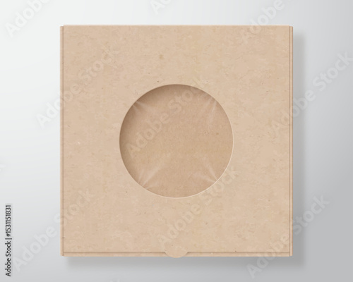 Craft Paper Pizza Box Package Template. Realistic Pack made of Brown Carton with Texture. Food Snacks Vector Packaging Bag with Transparent Round Plastic Window. Mockup with Soft Shadows. Isolated