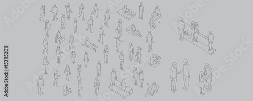 Isometric vector illustration of people in various poses, walking, talking, sitting, office scenes, communication, teamwork, business and casual characters, outline urban lifestyle