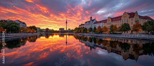 Berlin sunset reflecting on Spree river