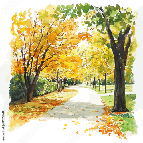 Path Through Park Leaves, watercolor clipart vector, isolated on a white background.
