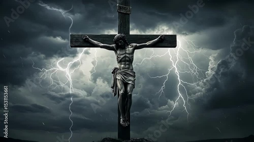 Dramatic scene of crucifixion under a stormy sky.