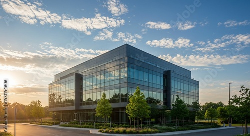 Modern Glass Office Building at Sunset with Lush Landscaping