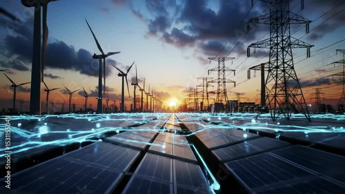futuristic smart energy grid at sunset solar panels on the ground glowing with digital energy lines wind turbines rotating in the background high voltage power transmission towers stretching into