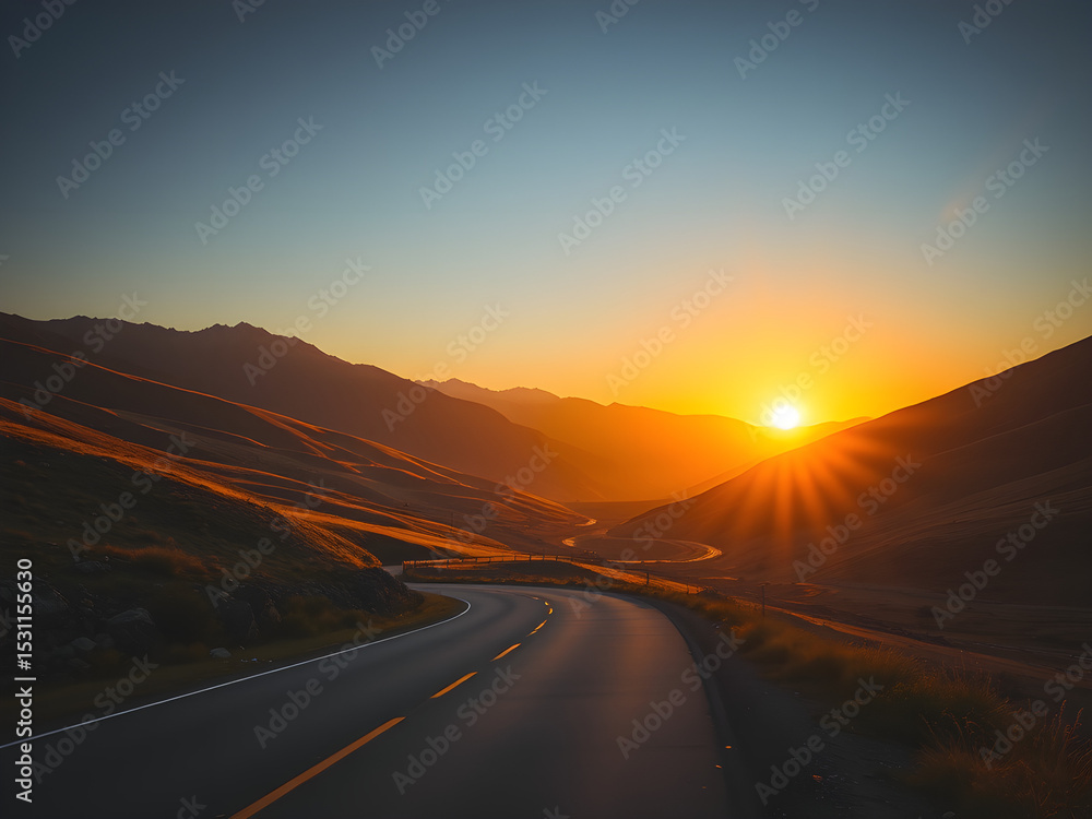 Fototapeta premium Winding mountain road at sunset, golden hills stretching afar, a journey through serene landscapes.