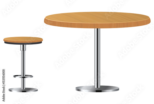 A minimalist bar setup showcasing a round table and stool. The wooden tops and silver frames offer a modern yet inviting design.