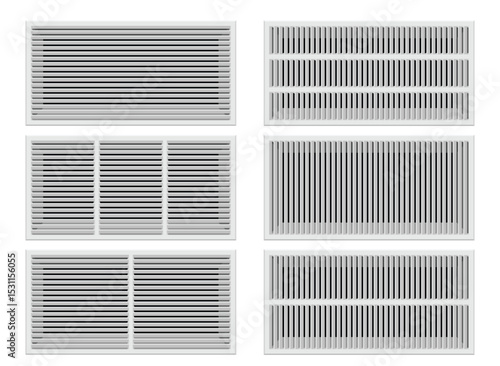 Ventilation Grilles: A variety of white ventilation grilles with different configurations of horizontal and vertical slats against a white background.