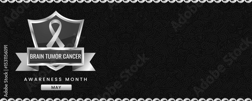 Grey ribbon awareness graphic for International Brain Tumor cancer Awareness Month banner.