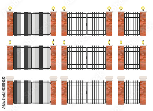 A diverse collection of decorative entrance gates, each featuring a combination of sturdy brick columns and elegant ironwork.