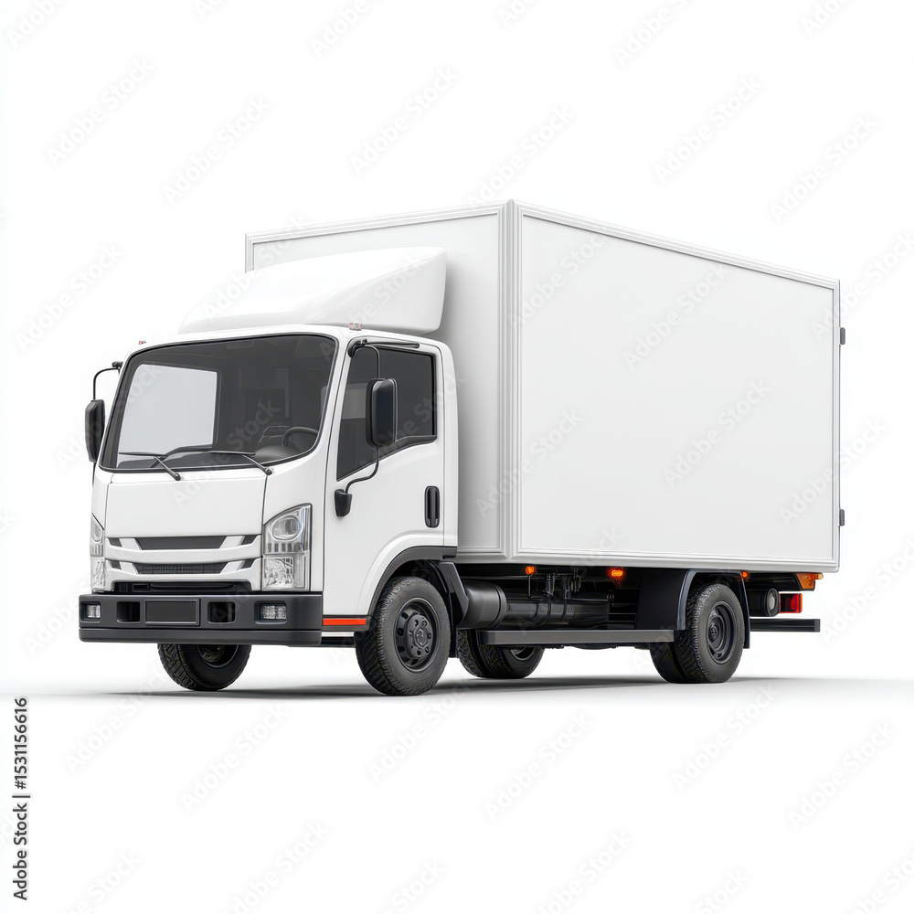 White delivery truck with large cargo box on plain white background, designed for transporting goods efficiently and securely White delivery truck with large cargo box on plain white background, designed for transporting goods efficiently and securely
