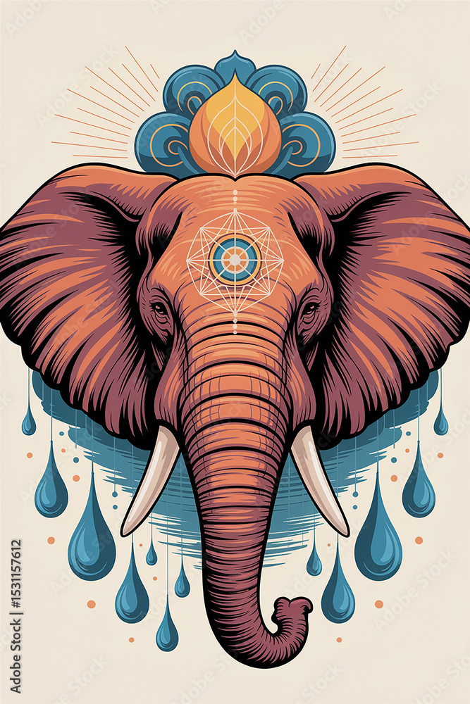 Obraz premium Majestic Elephant Head with Ornate Mandala and Water Droplets Artistic Illustration