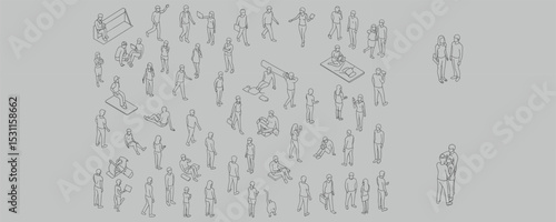 Isometric vector illustration of people in everyday activities, walking, talking, sitting, using phone, reading, business and casual poses, minimal design for modern scenes