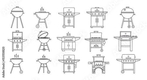 Line art illustration of various barbecue grill designs on transparent background