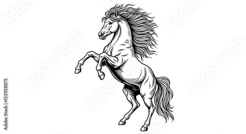 Majestic Rearing Horse in Detailed Black and White Illustration