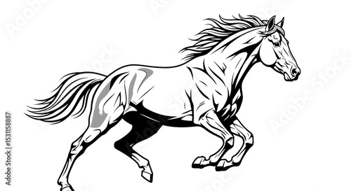 Majestic Running Horse, Black and White Line Art Illustration