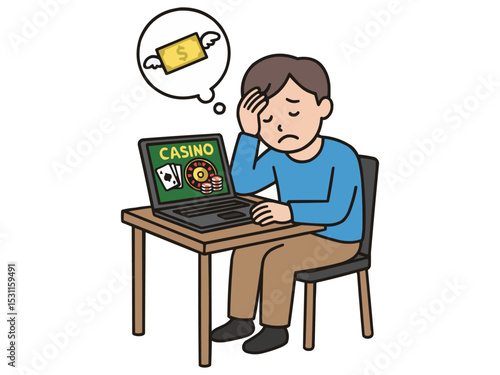 若い男性がオンラインカジノ負けて落ち込んでいるイラスト