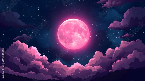 Luminous pink strawberry full moon amidst a starry night sky with soft purple and pink clouds