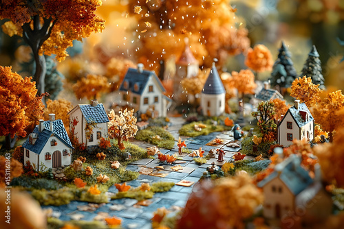 Miniature autumn village scene with falling leaves.