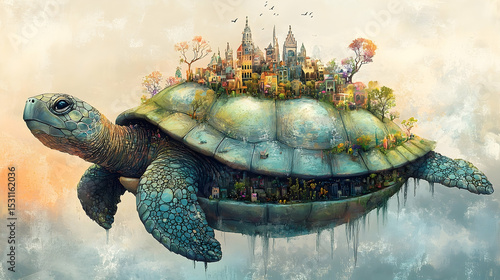 Fototapeta Naklejka Na Ścianę i Meble -  A fantastical city rests upon a colossal turtle's back.