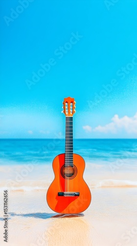 Orange guitar on tropical beach, ocean background, summer vacation