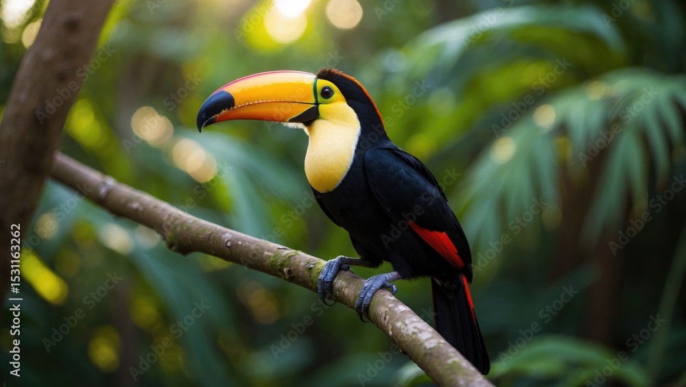Obraz premium A vividly coloured toco toucan (Ramphastos toco) at a bird rescue sanctuary close to Iguazu Falls in Brazil. Because of habitat destruction, toucans are now classified as an endangered species.