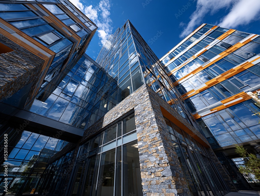 Naklejka premium Skypiercing mirrored skyscrapers in urban setting