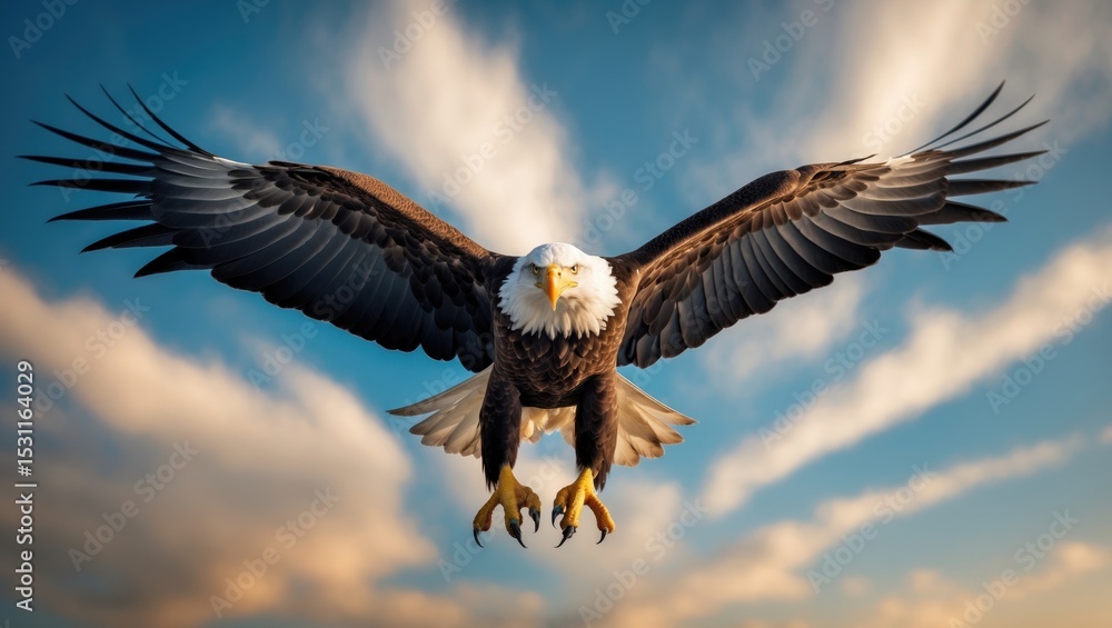 Obraz premium A bald eagle soars high above against a partly cloudy, partly blue sky.