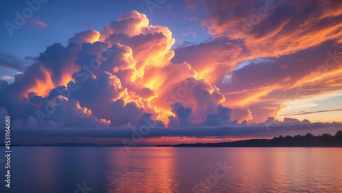 A stunning evening sky with striking clouds over the water. A magnificent sunset across the water.