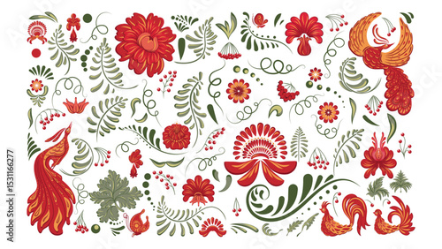 100 unique hand drawn isolated elements of traditional Ukrainian decorative painting style named Petrykivka painting. Ethnic decor elements - flowers, leaves, tendrils, berries. Slavic decor.