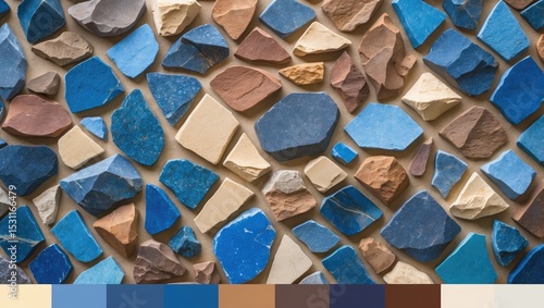 Color matching palette with complimentary colour swatches. Texture of ancient paving stone featuring blue, gray, red, and yellow colours.