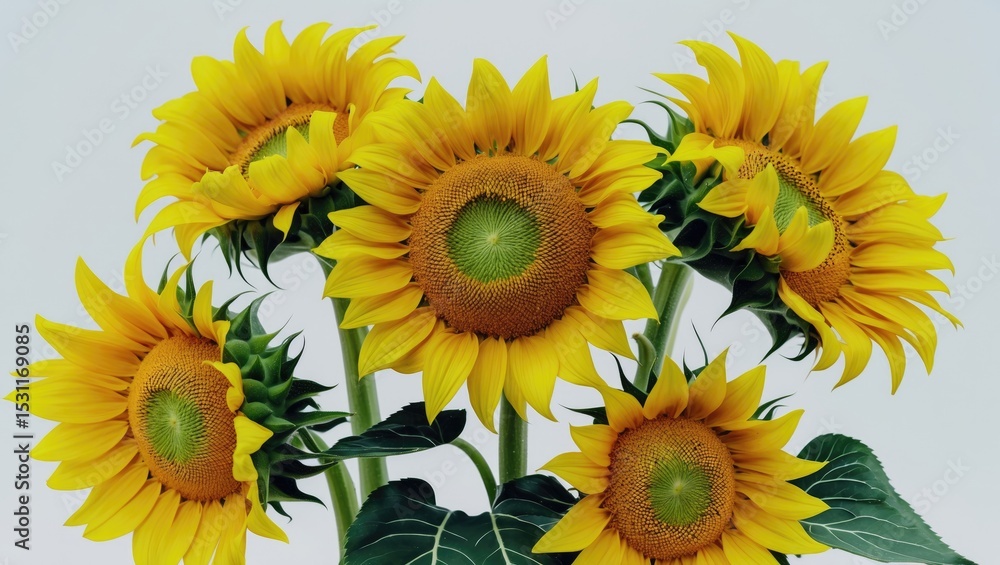 Fototapeta premium Beautiful sunflower isolated on white background with vibrant petals and green leaves.