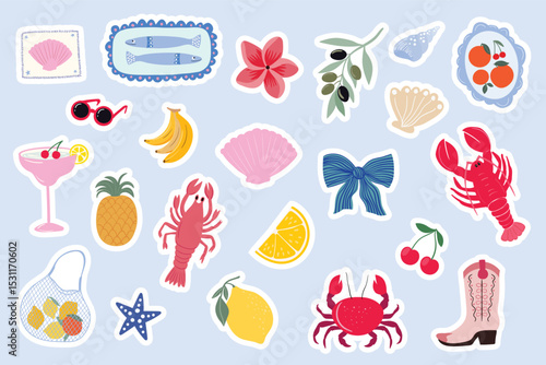 Summer stickers collection in retro style, aesthetic elements, Mediterranean vibe