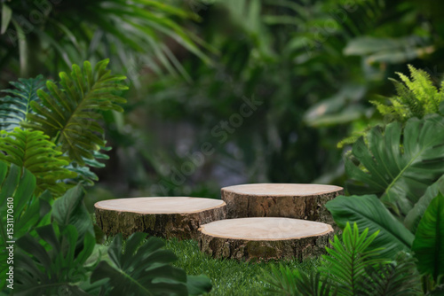 Wood stump podium table top with outdoors in tropical forest nature background.natural product pedestal wooden stand display,healthy life or eco concept.