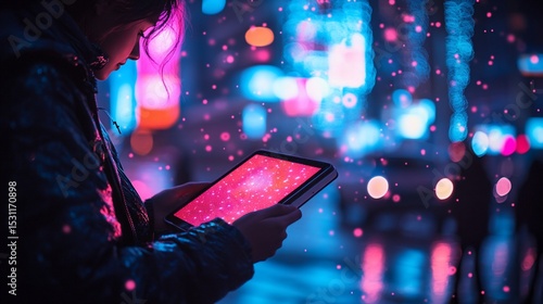 Person using tablet in vibrant night city