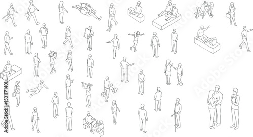 Isometric vector illustration of people walking, talking, sitting, pointing, using devices, casual interaction, urban lifestyle, character design, minimal scene, outline style