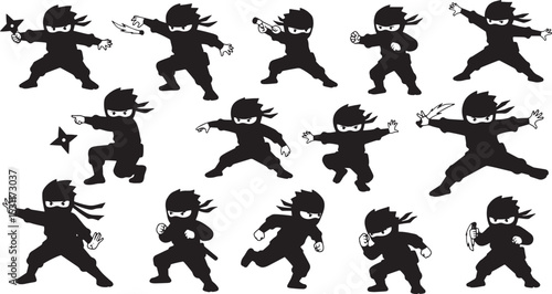 Set of Ninja Character Silhouettes,Black and White Ninja Warriors - Action Stance Vector Art