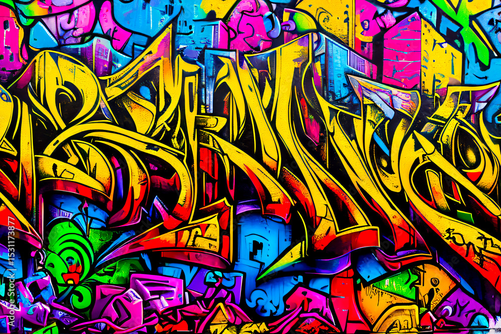 Fototapeta premium Colorful Urban Graffiti Art on Wall – Street Style Mural Illustration. Vibrant and dynamic graffiti artwork painted on a city wall, featuring bold lettering, vivid colors, and floral elements.