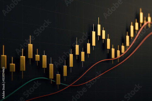 A sleek digital financial chart illustrates market trends through metallic gold candlesticks and flowing trend lines symbolizing economic growth and data analysis