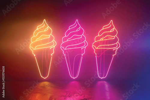Neon ice creme sign. Glowing ice creme in waffle cone. Vector illustration in neon style.