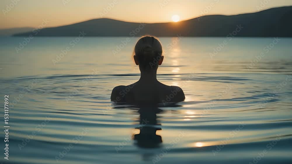 Woman Standing in Calm Water Watching Sunset Over Mountains in Peaceful Natural Lake Setting with Gentle Ripples and Warm Light
Woman Standing in Calm Water Watching Sunset Over Mountains in Peaceful Natural Lake Setting with Gentle Ripples and Warm Light