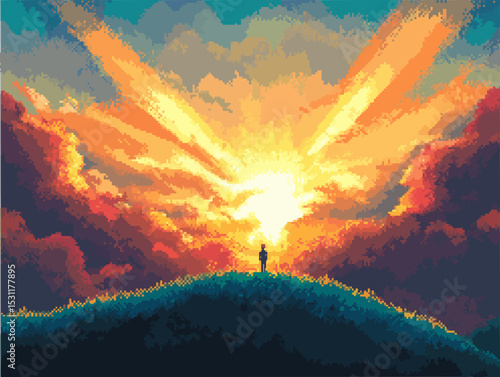 Pixel Art of a Lone Figure Standing on a Hilltop Facing a Radiant Sunlit Sky in a Peaceful and Dreamlike Atmosphere describes hopes