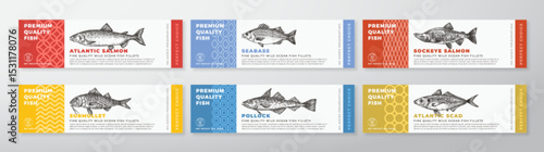 Fish Seafood Vector Packaging Label Design Collection Modern Typography and Hand Drawn Salmon, Seabass, Atlantic Fish and Surmullet Product Background Layouts Set
