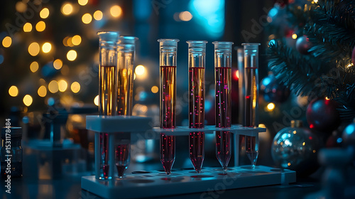 Test tubes filled with colorful liquids on a stand, surrounded by christmas lights.