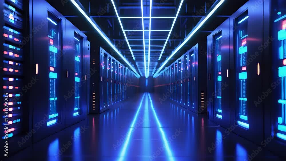 Futuristic Data Center Hallway with Rows of Glowing Blue Server Racks, High-Tech Network Infrastructure, and LED Ceiling Lights
Futuristic Data Center Hallway with Rows of Glowing Blue Server Racks, High-Tech Network Infrastructure, and LED Ceiling Lights