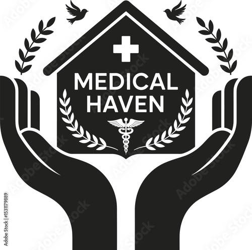 Medical haven logo with hands, healthcare protection symbol, hospital care emblem, caduceus icon, wellness center branding, safe health illustration, support and healing vector graphic