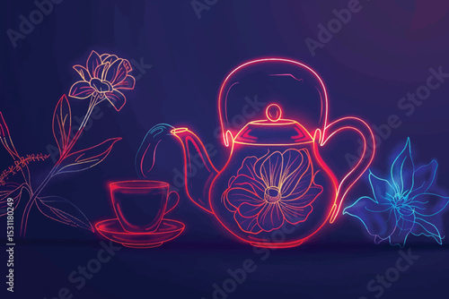 Neon lights. Set of Cappuccino, Latte coffee and Doppio icons. Teapot sign. Espresso cup, Hot drink with whipped cream, Coffee drink. Tea kettle.  Glowing graphic designs. Vector