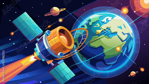 A satellite orbits Earth, capturing sunlight as it moves through space, highlighting advanced technology and our connection to the cosmos.