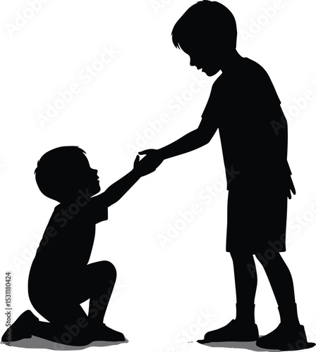Silhouette of two boys helping each other, kindness gesture, friendship support concept, emotional connection, child empathy, teamwork, compassion illustration, moral lesson vector art