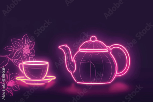 Neon lights. Set of Cappuccino, Latte coffee and Doppio icons. Teapot sign. Espresso cup, Hot drink with whipped cream, Coffee drink. Tea kettle.  Glowing graphic designs. Vector